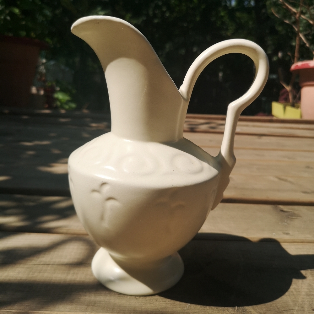 Ivory /Cream Porcelain Embossed 9" Pitcher / Art Pottery Vase With Handle